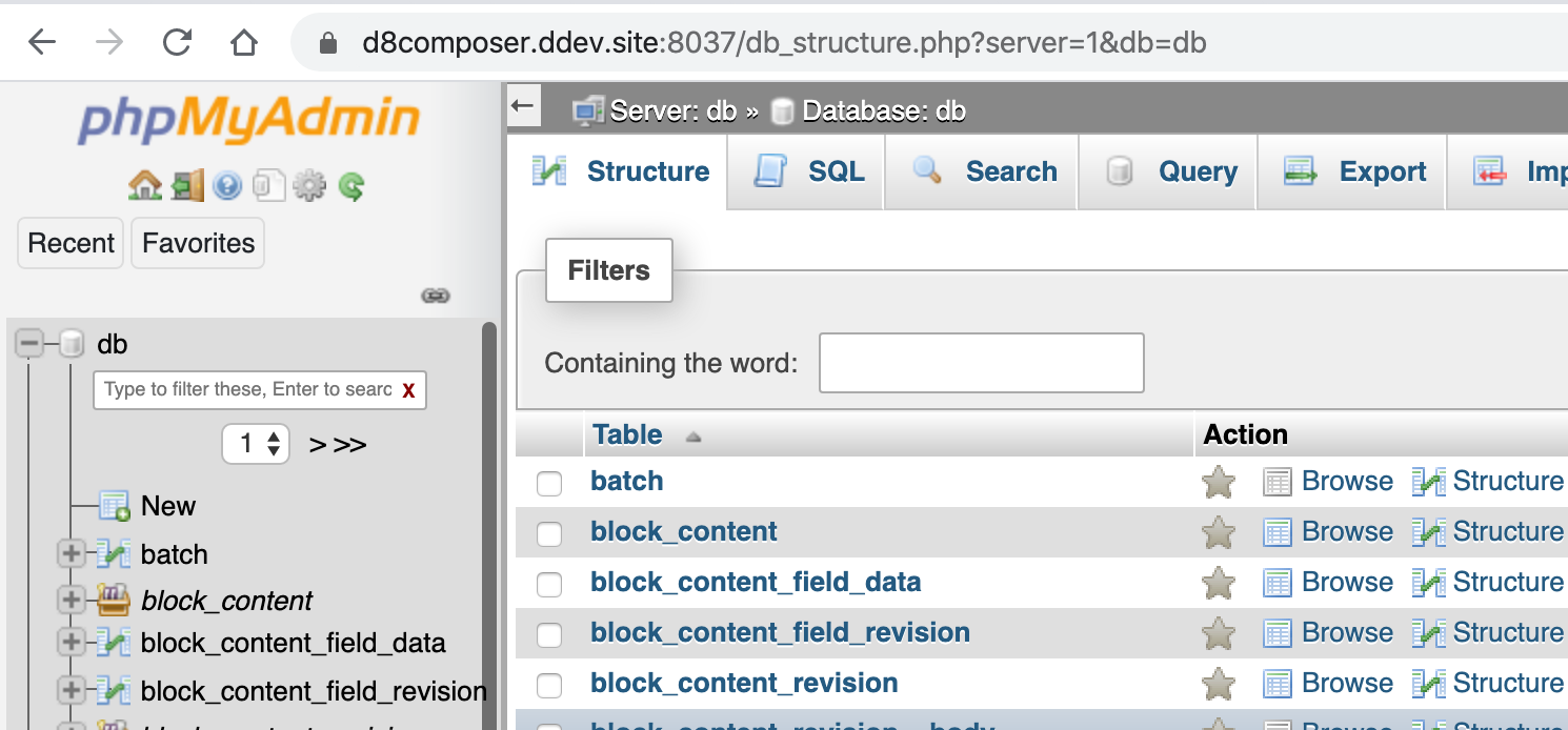 Tightly-cropped screenshot of phpMyAdmin running on a `.ddev.site` domain in a browser window