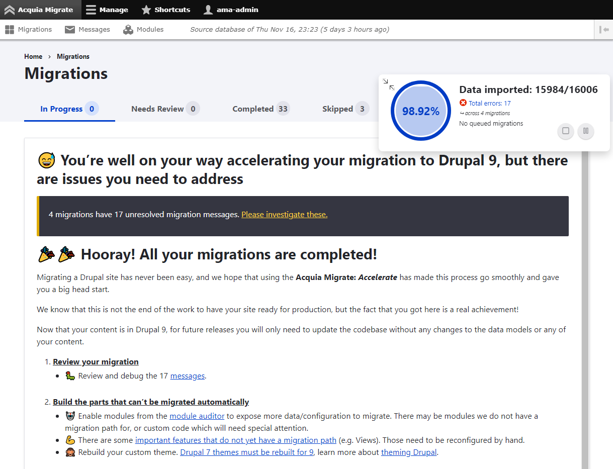 Acquia Migrate: Accelerate (AM:A) - 98% complete! 